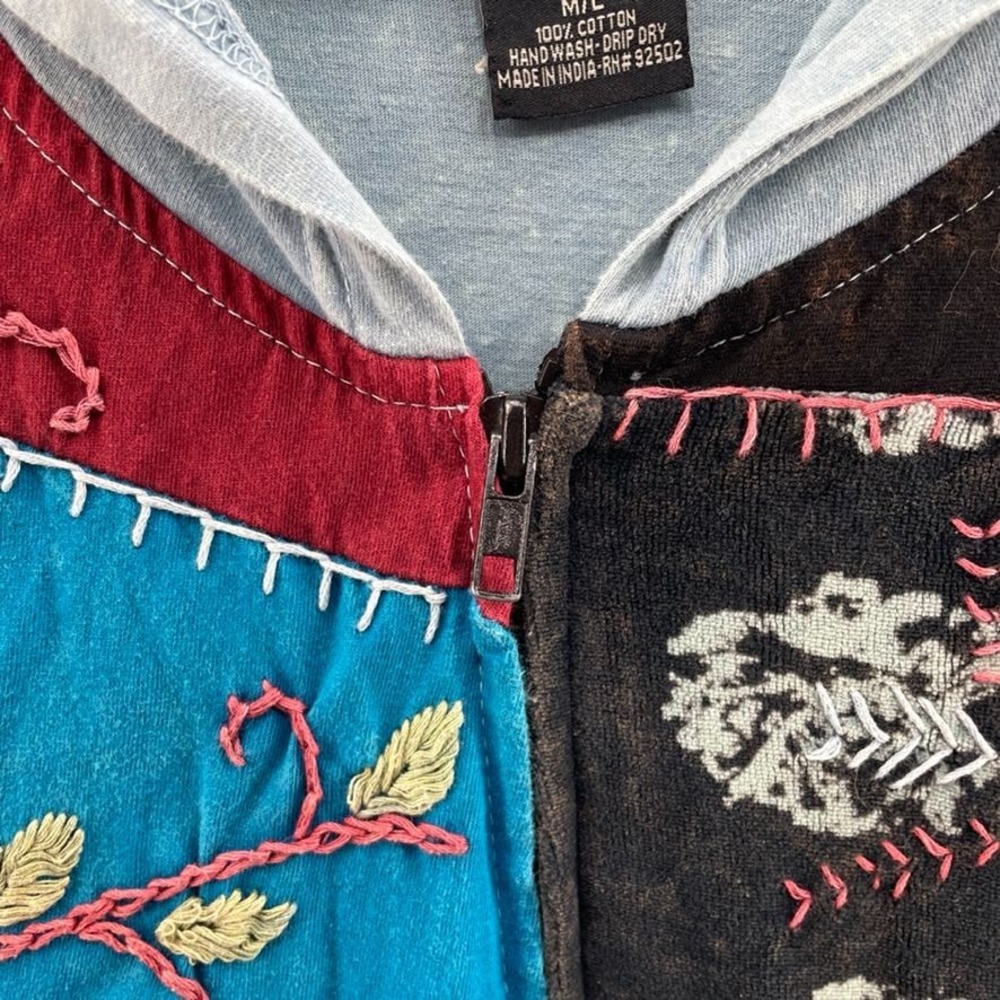 Sacred Threads Jacket Womens M/L Baby Blue Patchwork Embroidered Full Zip Hood - Picture 4 of 10